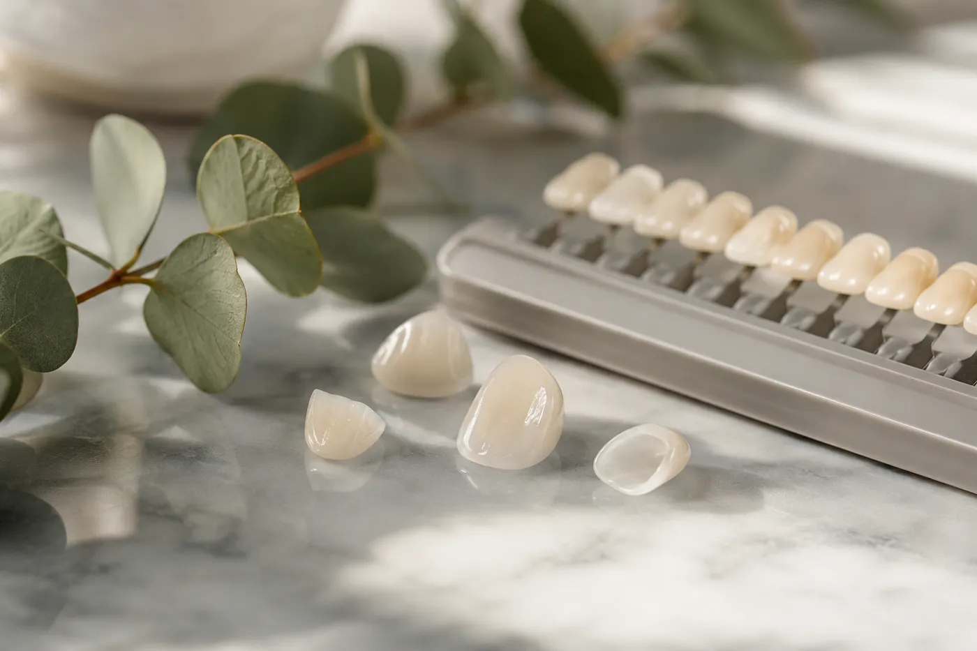 Porcelain veneer shells and a dental shade guide arranged elegantly on a marble surface