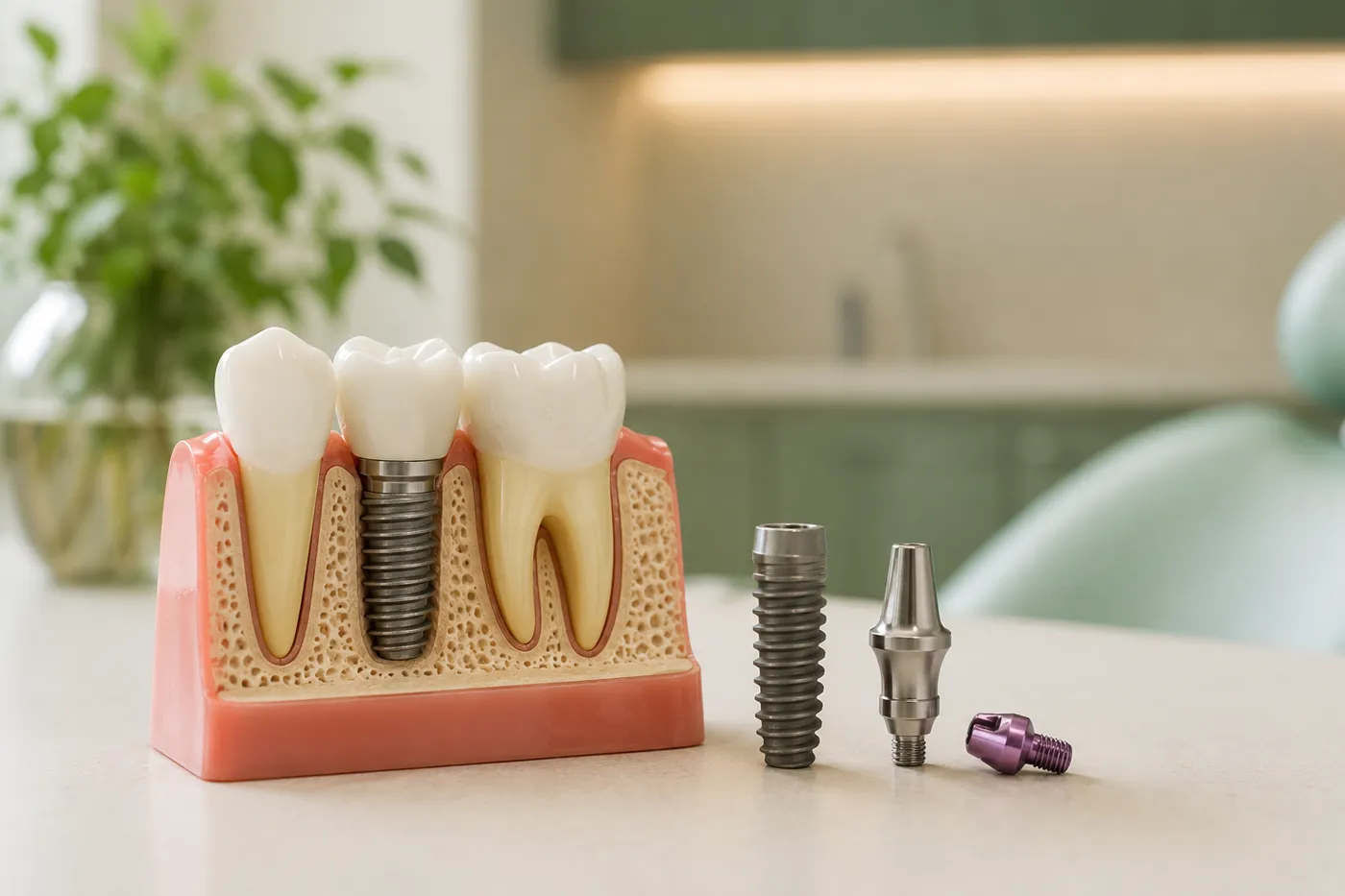 A dental implant model and titanium implant components on a clean surface in a modern clinic