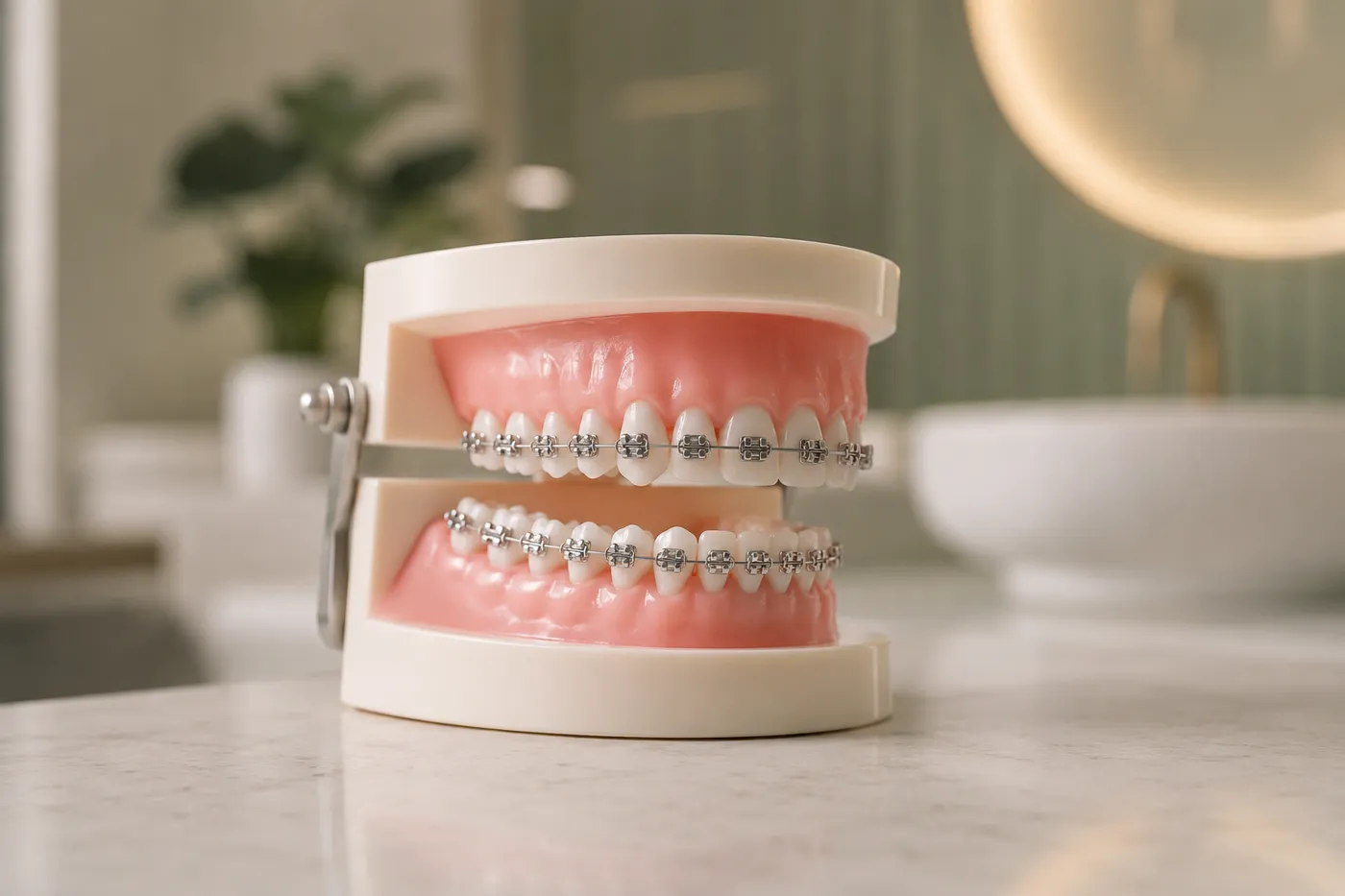 A dental model fitted with traditional metal braces and archwire