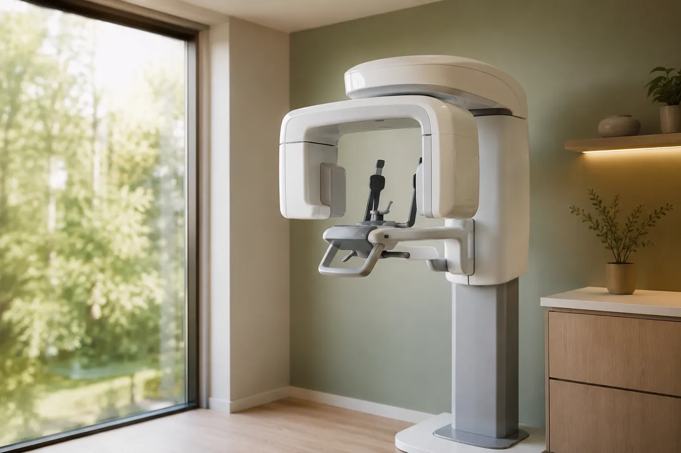 A modern 3D dental X-ray (cone-beam CT) machine in the imaging room at Clarkson Village Dental